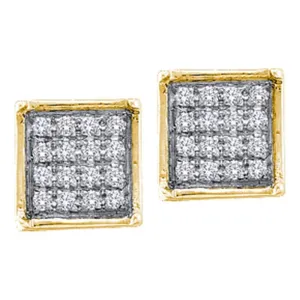 10K Yellow Gold Round Diamond Square Cluster Earrings 1/20 Cttw