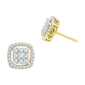10K Yellow Gold Round Diamond Square Frame Cluster Earrings 1/2 Cttw