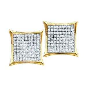 10K Yellow Gold Round Diamond Square Kite Cluster Earrings 1/10 Cttw