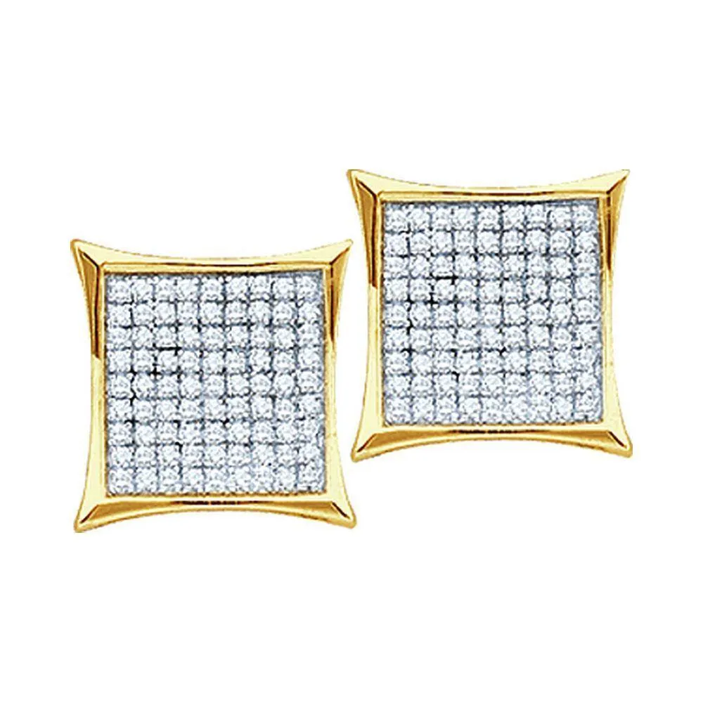 10K Yellow Gold Round Diamond Square Kite Cluster Earrings 1/10 Cttw