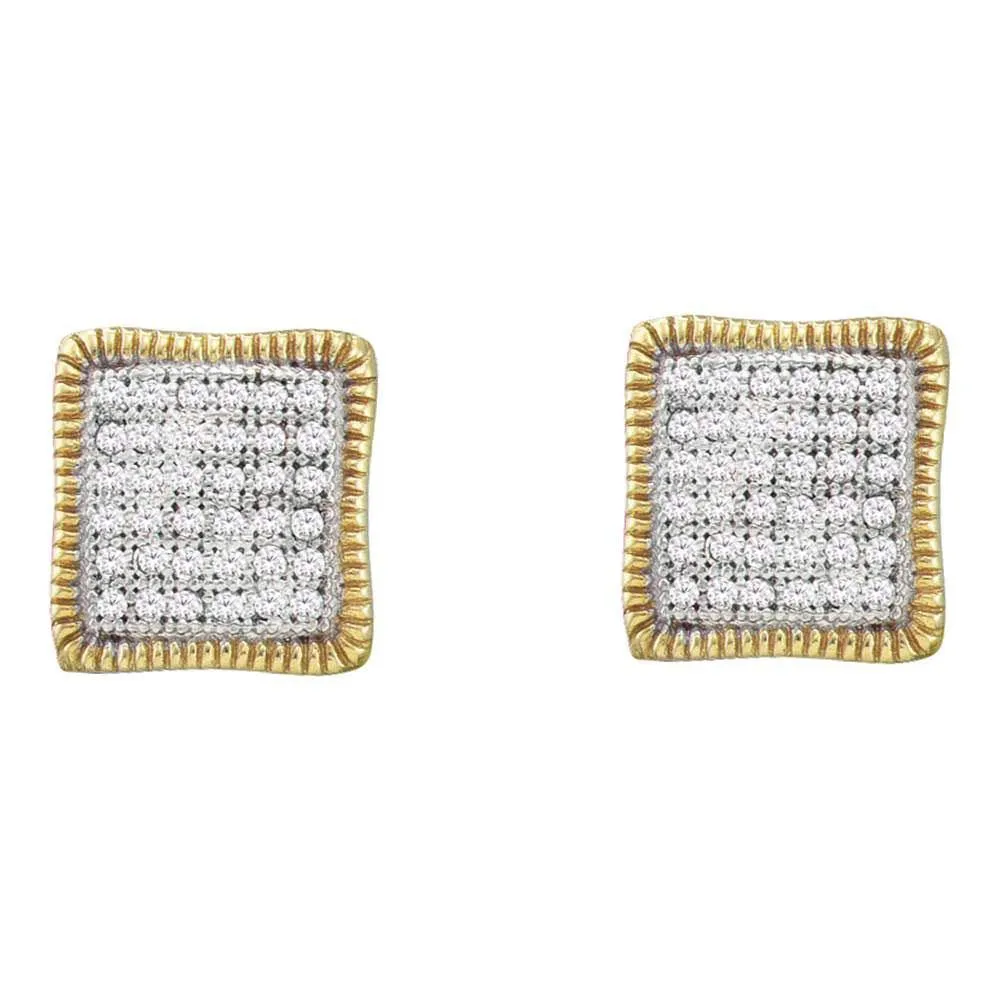 10K Yellow Gold Round Pave-set Diamond Square Cluster Milgrain Earrings 1/4 Cttw