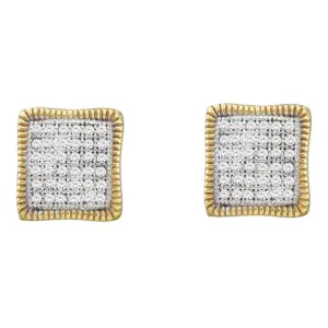 10K Yellow Gold Round Pave-set Diamond Square Cluster Milgrain Earrings 1/4 Cttw
