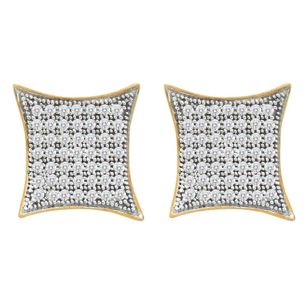 10K Yellow Gold Round Pave-set Diamond Square Kite Cluster Earrings 1/3 Cttw