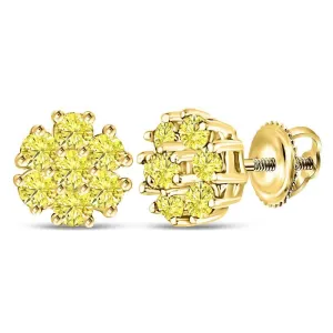 10K Yellow Gold Round Yellow Color Enhanced Diamond Cluster Earrings 1/4 Cttw