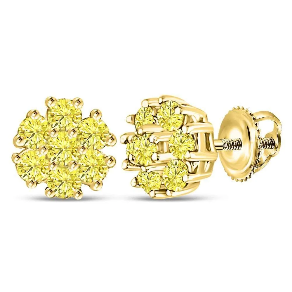 10K Yellow Gold Round Yellow Color Enhanced Diamond Cluster Earrings 1/4 Cttw