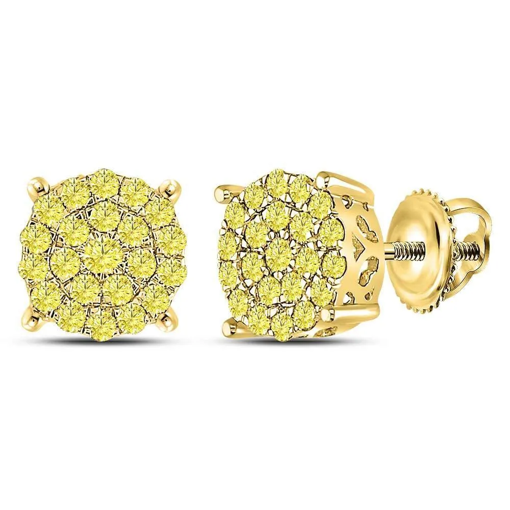 10K Yellow Gold Round Yellow Diamond Cluster Earrings 1.00 Cttw