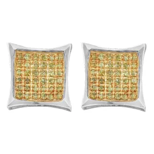 10kt White Gold Mens Round Yellow Color Enhanced Diamond Square Kite Cluster Earrings 1/10 Cttw