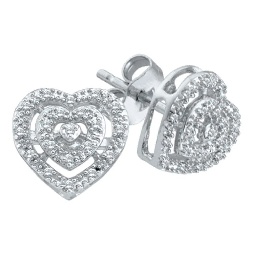 10kt White Gold Womens Round Diamond Heart Cluster Screwback Earrings 1/12 Cttw
