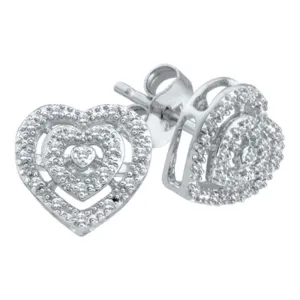 10kt White Gold Womens Round Diamond Heart Cluster Screwback Earrings 1/12 Cttw