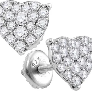 10kt White Gold Womens Round Diamond Heart Cluster Screwback Stud Earrings 3/4 Cttw