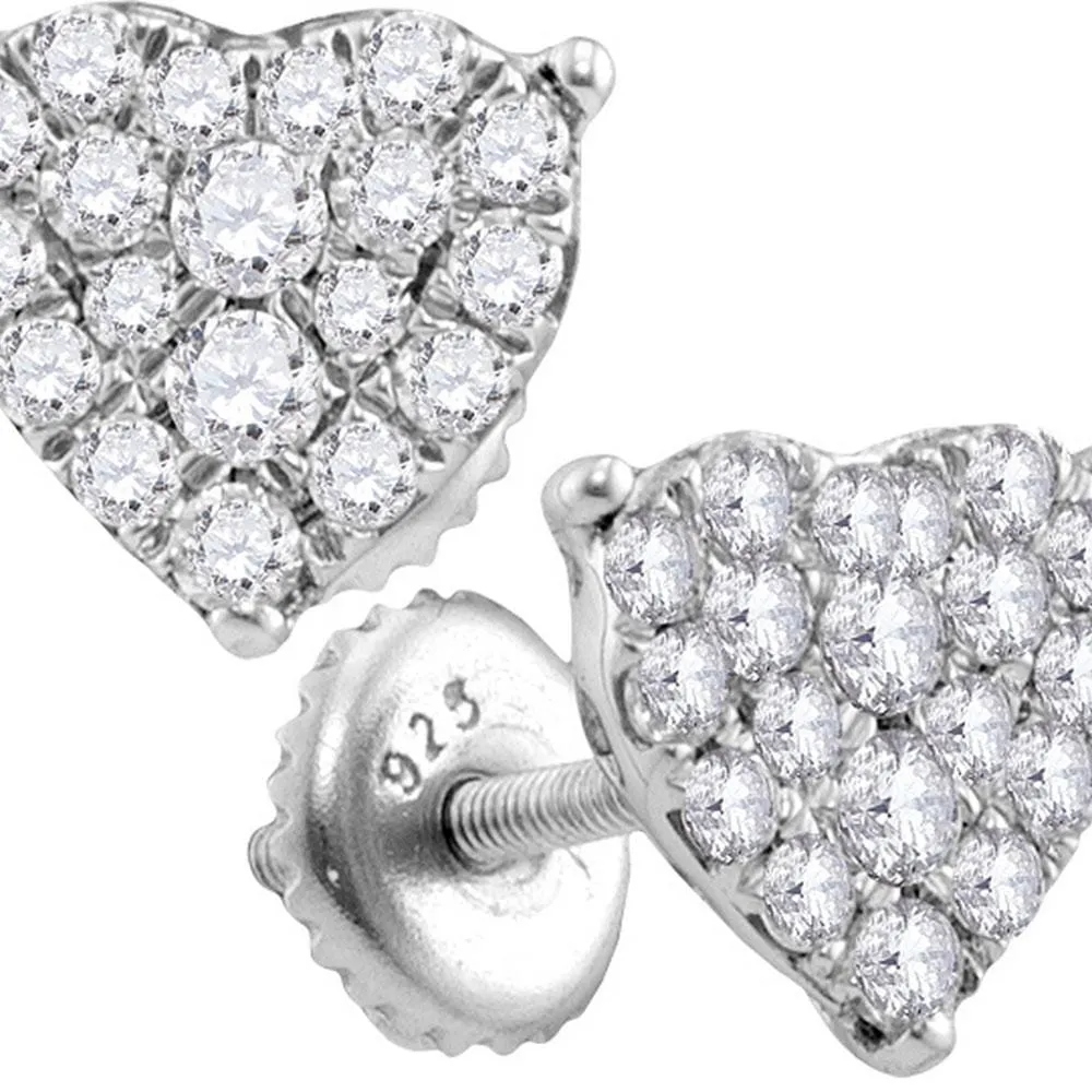 10kt White Gold Womens Round Diamond Heart Cluster Screwback Stud Earrings 3/4 Cttw