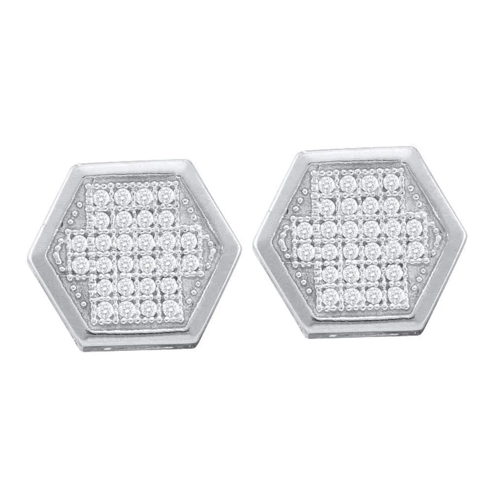 10kt White Gold Womens Round Diamond Hexagon Cluster Earrings 1/5 Cttw