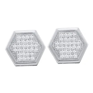 10kt White Gold Womens Round Diamond Hexagon Cluster Earrings 1/5 Cttw