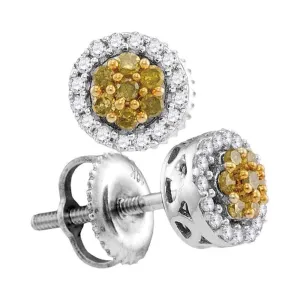 10kt White Gold Womens Round Yellow Color Enhanced Diamond Cluster Earrings 1/4 Cttw