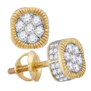 10kt Yellow Gold Mens Round Diamond Fluted Flower Cluster Earrings 1.00 Cttw