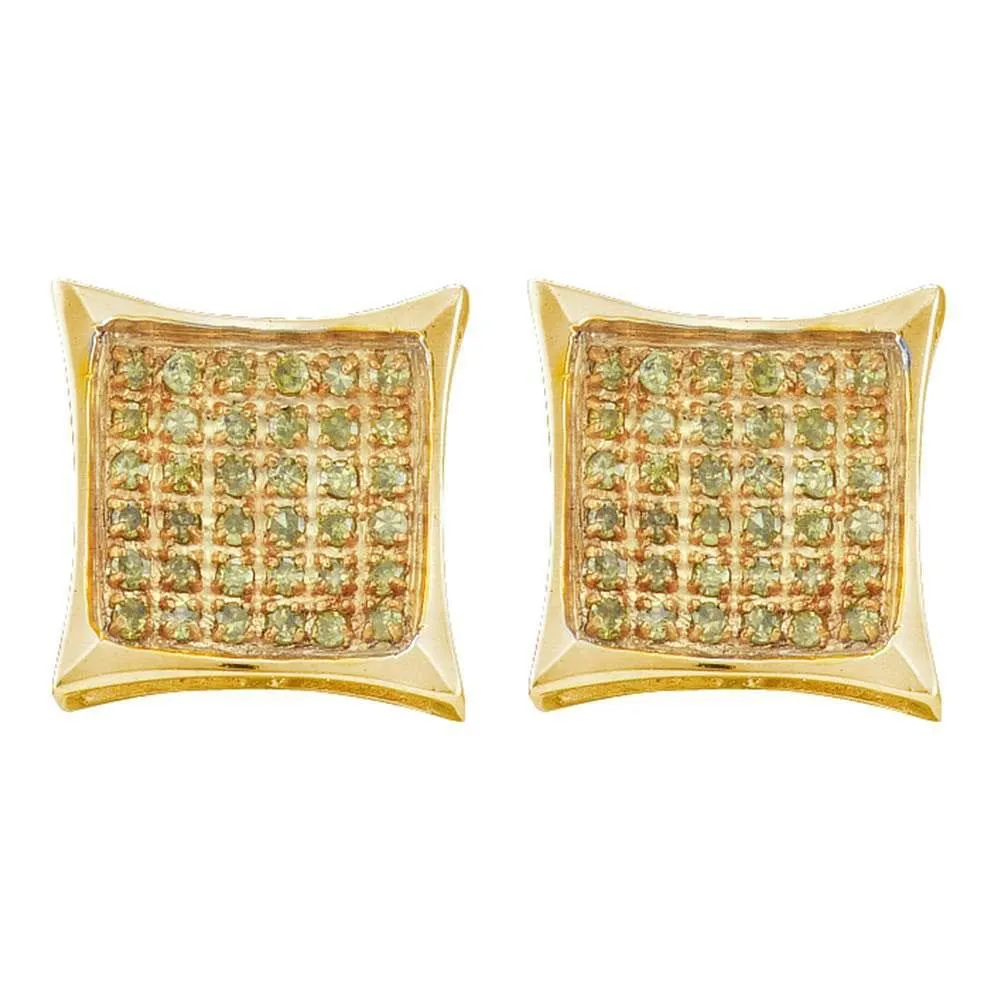 10kt Yellow Gold Mens Round Yellow Color Enhanced Diamond Cluster Square Kite Earrings 1/20 Cttw