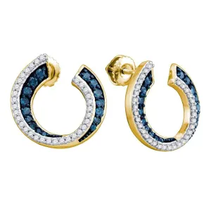 10kt Yellow Gold Womens Round Blue Color Enhanced Diamond Cluster Earrings 3/4 Cttw