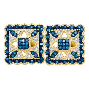 10kt Yellow Gold Womens Round Blue Color Enhanced Diamond Square Cluster Earrings 1/4 Cttw