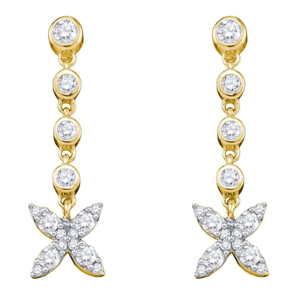 10kt Yellow Gold Womens Round Diamond Flower Cluster Dangle Earrings 3/4 Cttw