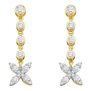 10kt Yellow Gold Womens Round Diamond Flower Cluster Dangle Earrings 3/4 Cttw