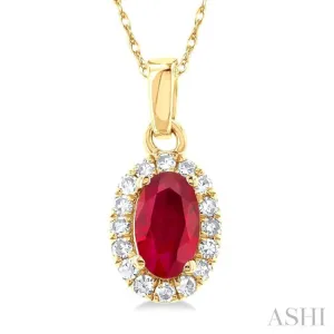 1/20 ctw Round Cut Diamond and 5X3MM Oval Shape Ruby Halo Precious Pendant with Chain in 10K Yellow Gold