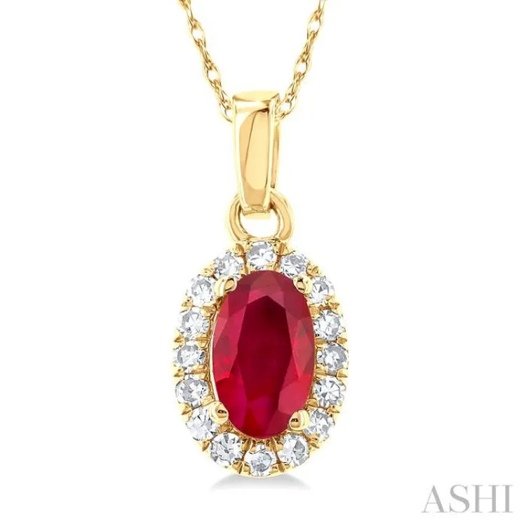 1/20 ctw Round Cut Diamond and 5X3MM Oval Shape Ruby Halo Precious Pendant with Chain in 10K Yellow Gold