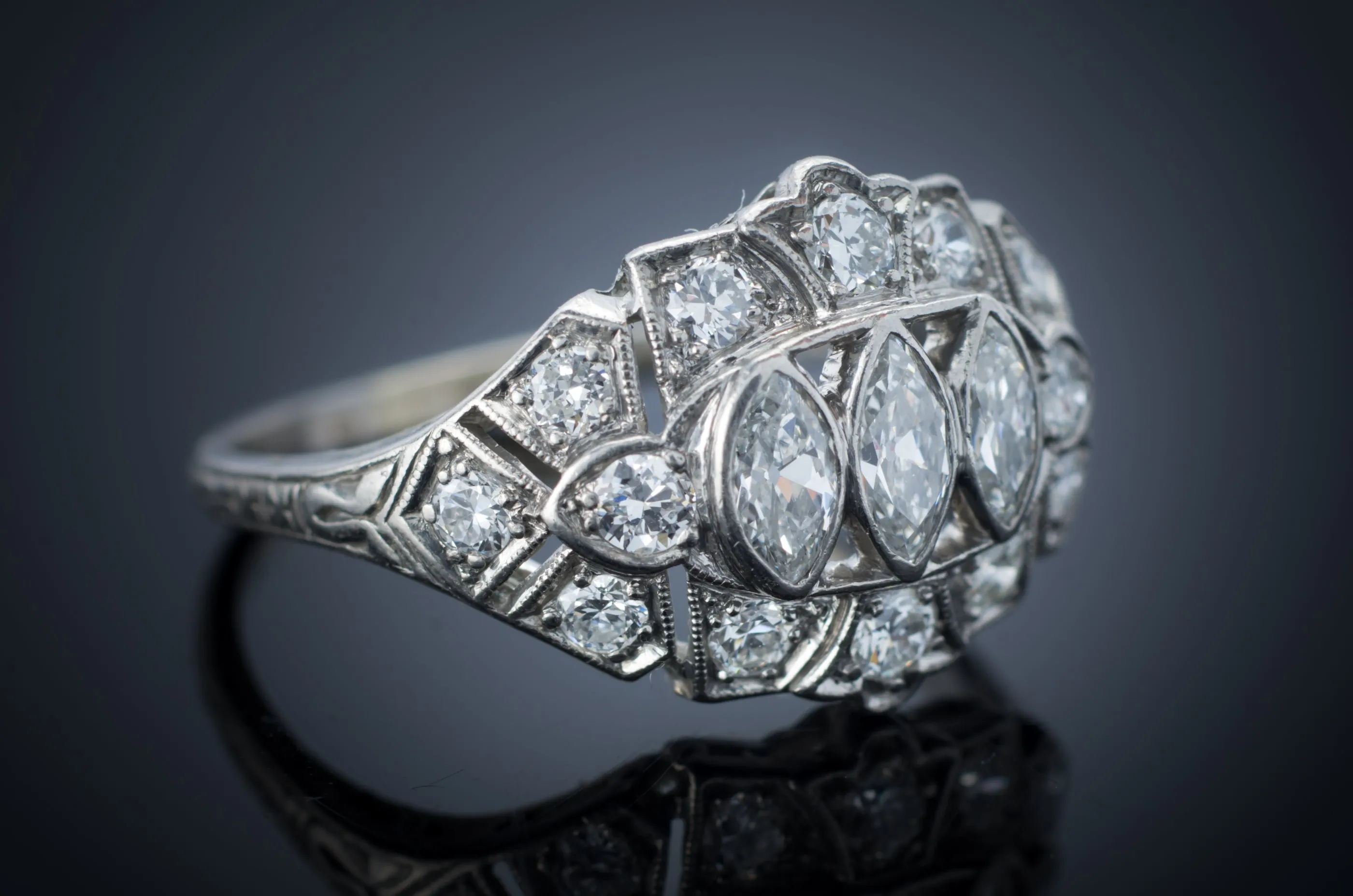 1.22CTW OLD CUT MARQUIS DIAMOND RING IN PLATINUM