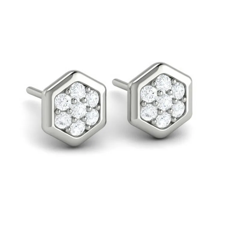14 KT White Gold Diamond Cluster Honeycomb Stud Earrings