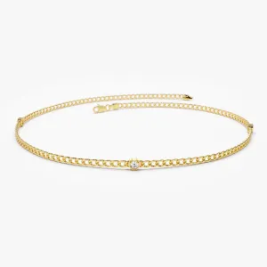 14k 2MM Curb Link Bracelet w/ Heart Shape Solitaire Round Diamonds