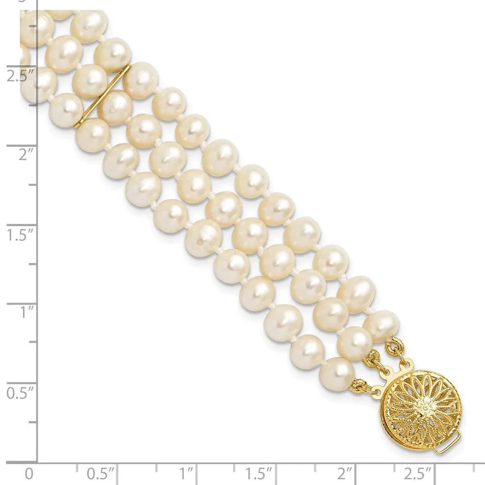 14k 5-6mm White Gold Near Round FW Cultured Pearl 3-strand Bracelet