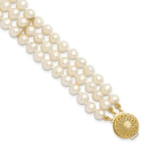 14k 5-6mm White Gold Near Round FW Cultured Pearl 3-strand Bracelet