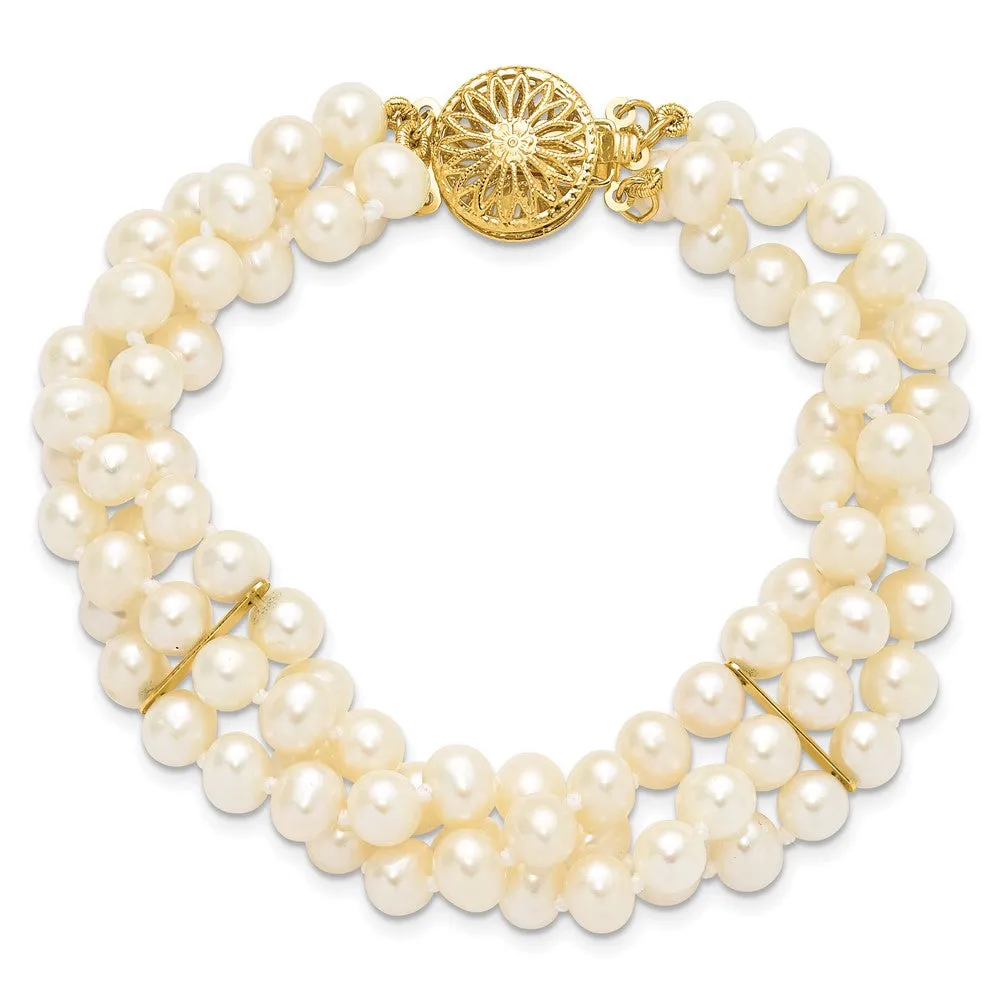 14k 5-6mm White Gold Near Round FW Cultured Pearl 3-strand Bracelet