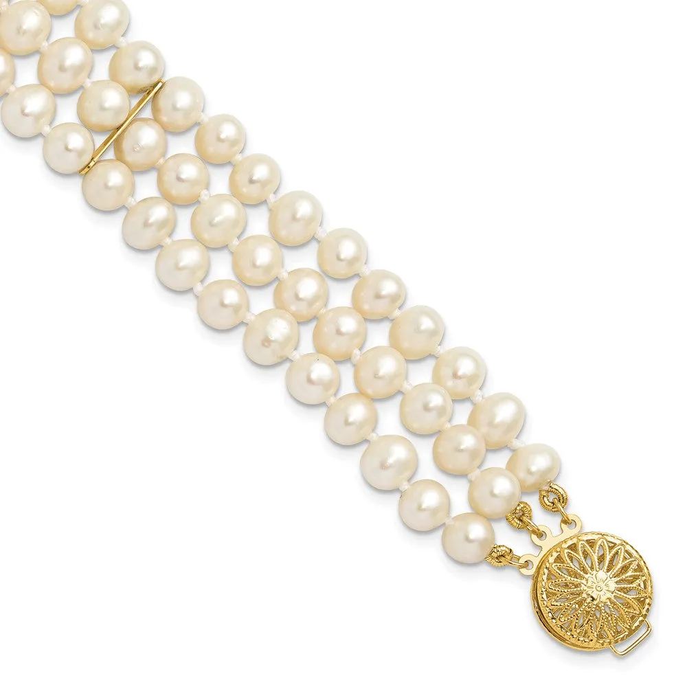 14k 5-6mm White Gold Near Round FW Cultured Pearl 3-strand Bracelet