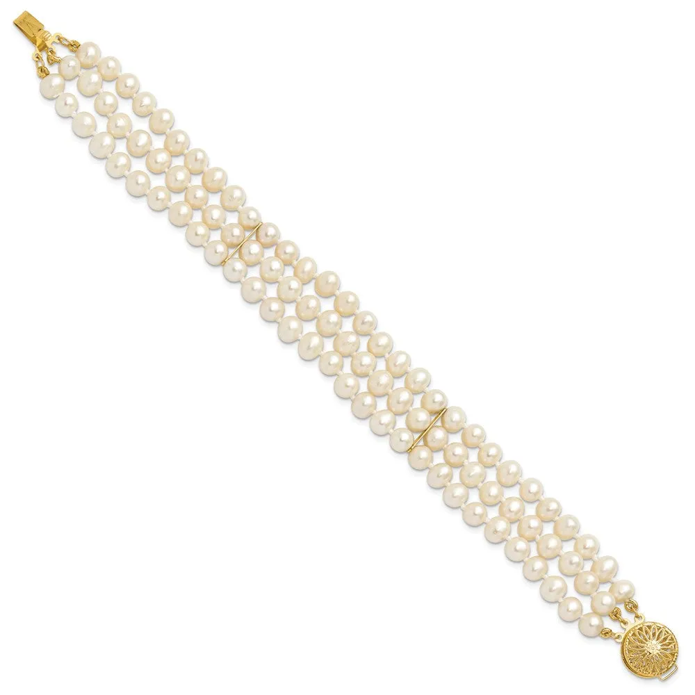 14k 5-6mm White Gold Near Round FW Cultured Pearl 3-strand Bracelet