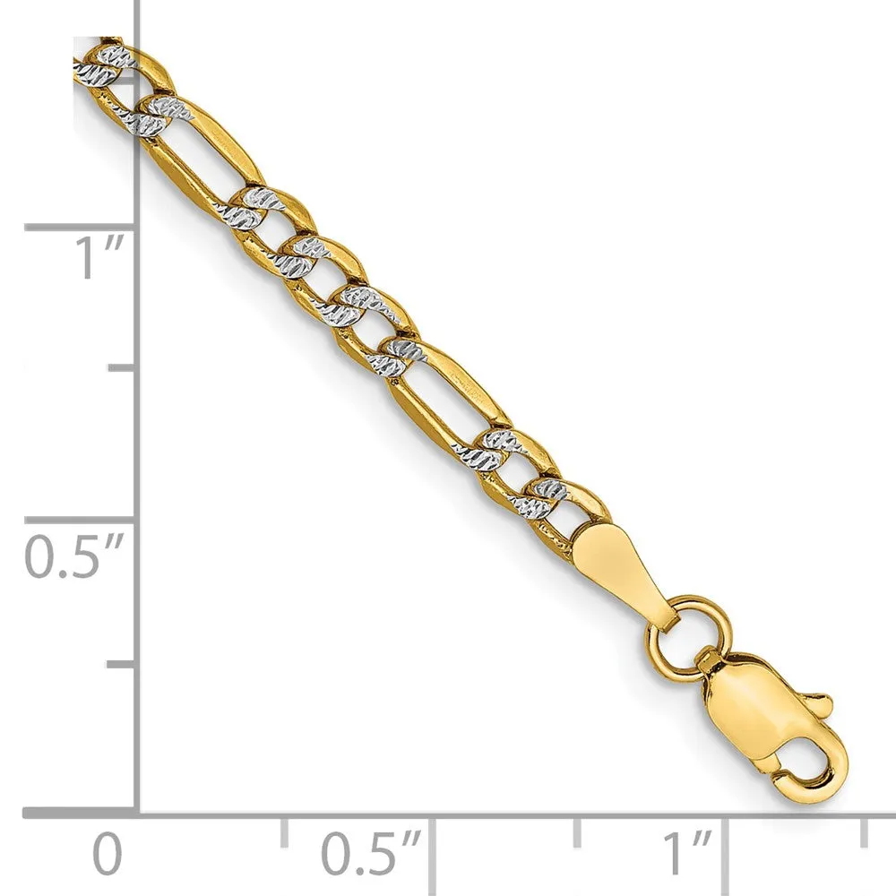 14K 8 inch 3.2mm Semi-Solid with Rhodium Pav� Figaro with Lobster Clasp Bracelet