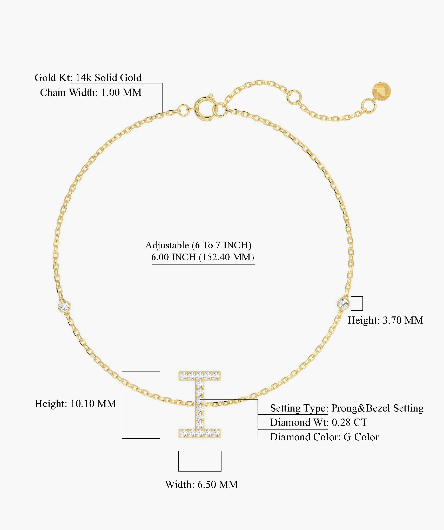 14K Gold "I" Initial Diamond Bracelet