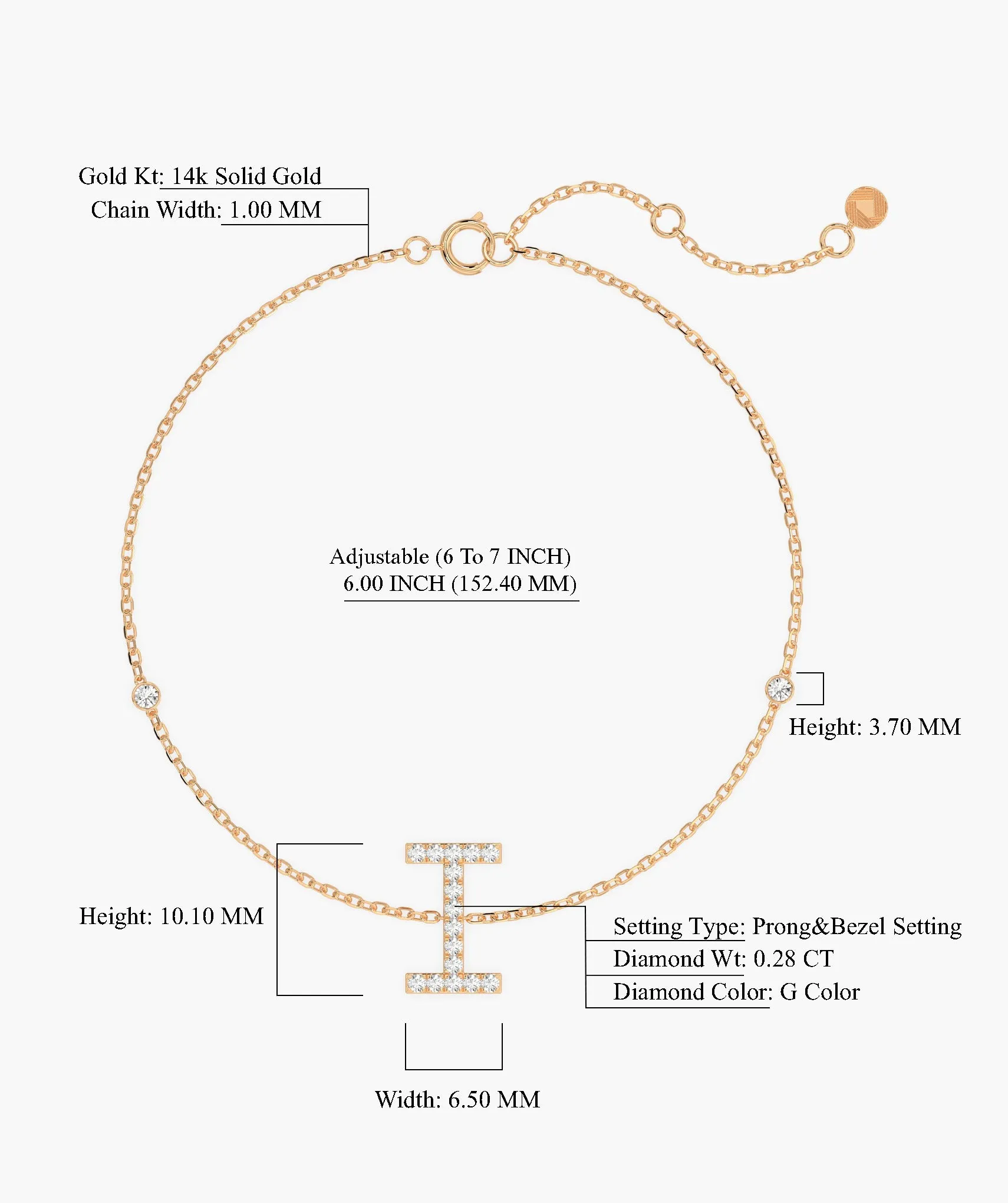 14K Gold "I" Initial Diamond Bracelet