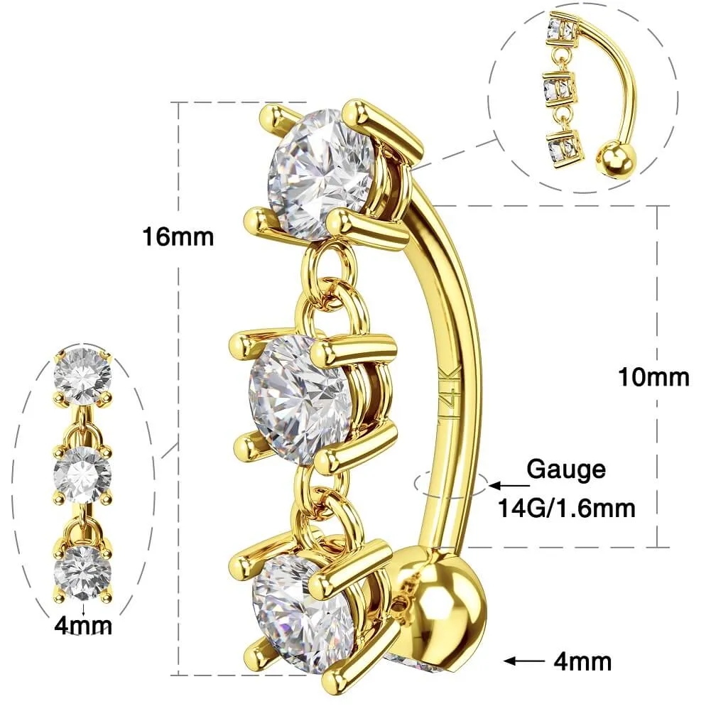 14K Gold Reverse Belly Rings 14G Dangle CZ Belly Button Ring
