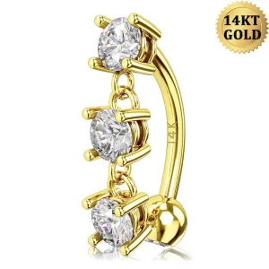 14K Gold Reverse Belly Rings 14G Dangle CZ Belly Button Ring