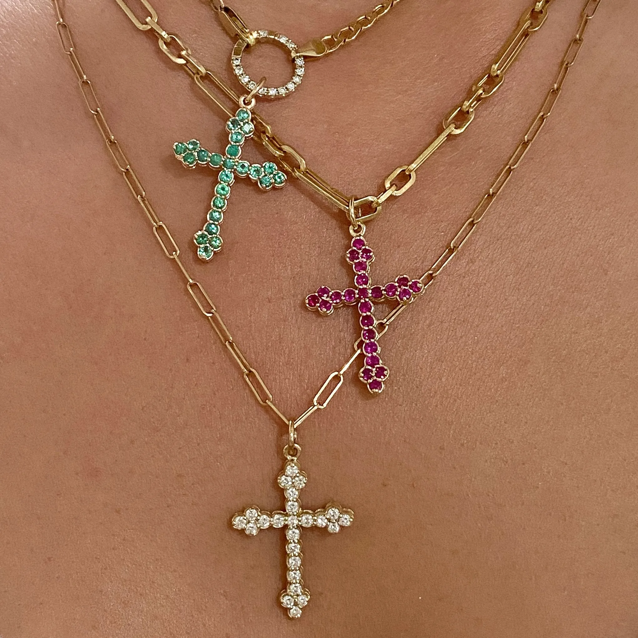 14K Gold Ruby Gothic Trinity Cross Necklace ~ Small Size
