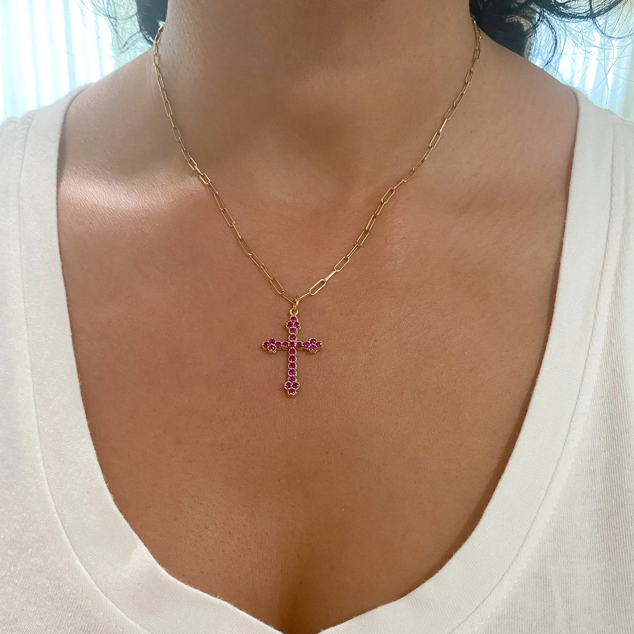 14K Gold Ruby Gothic Trinity Cross Necklace ~ Small Size