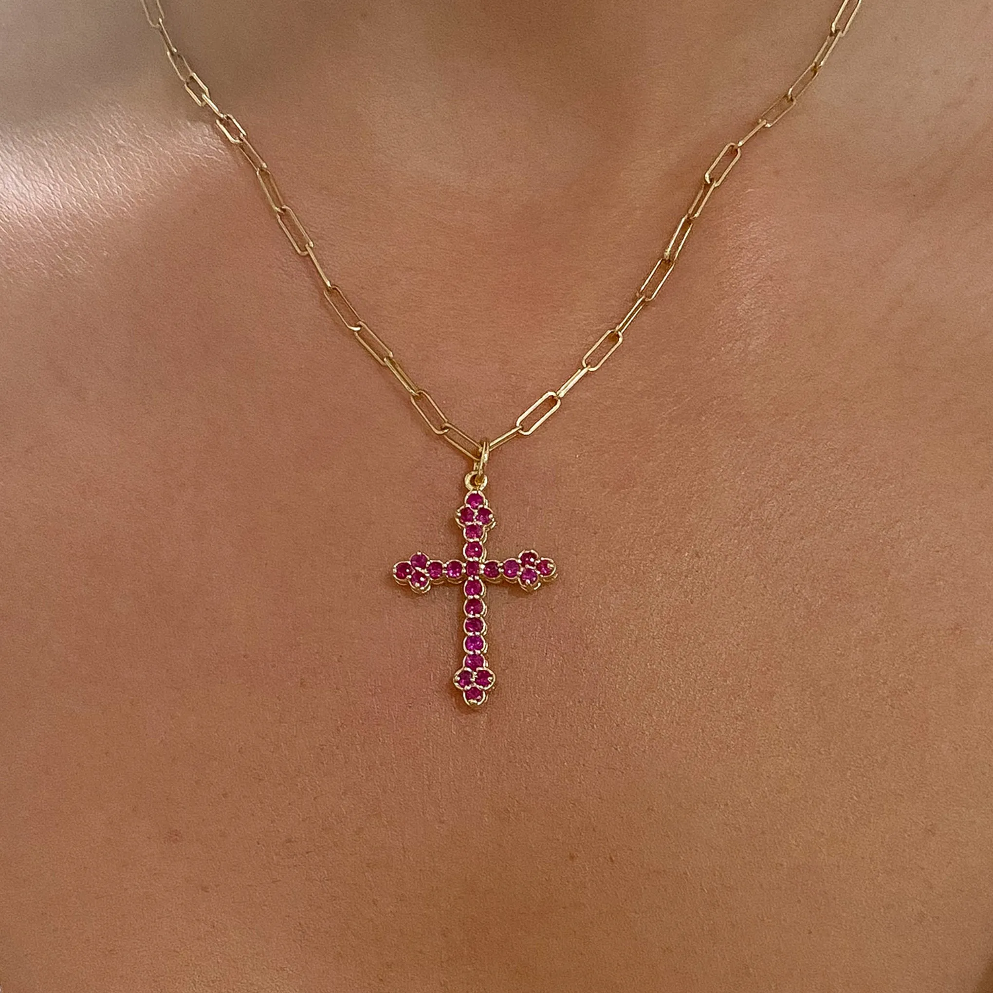 14K Gold Ruby Gothic Trinity Cross Necklace ~ Small Size