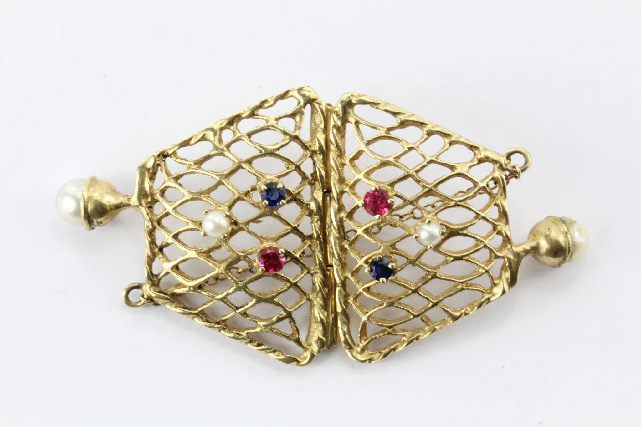 14K Gold Woven Sapphire, Ruby, & Pearl Opening Purse Pendant / Charm