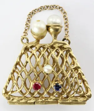 14K Gold Woven Sapphire, Ruby, & Pearl Opening Purse Pendant / Charm