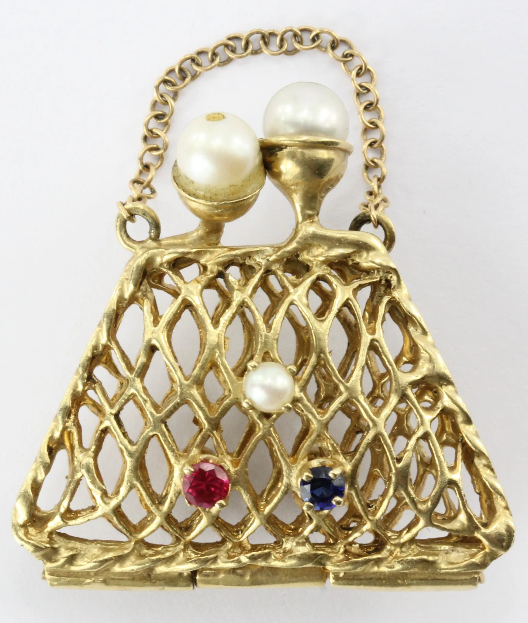 14K Gold Woven Sapphire, Ruby, & Pearl Opening Purse Pendant / Charm