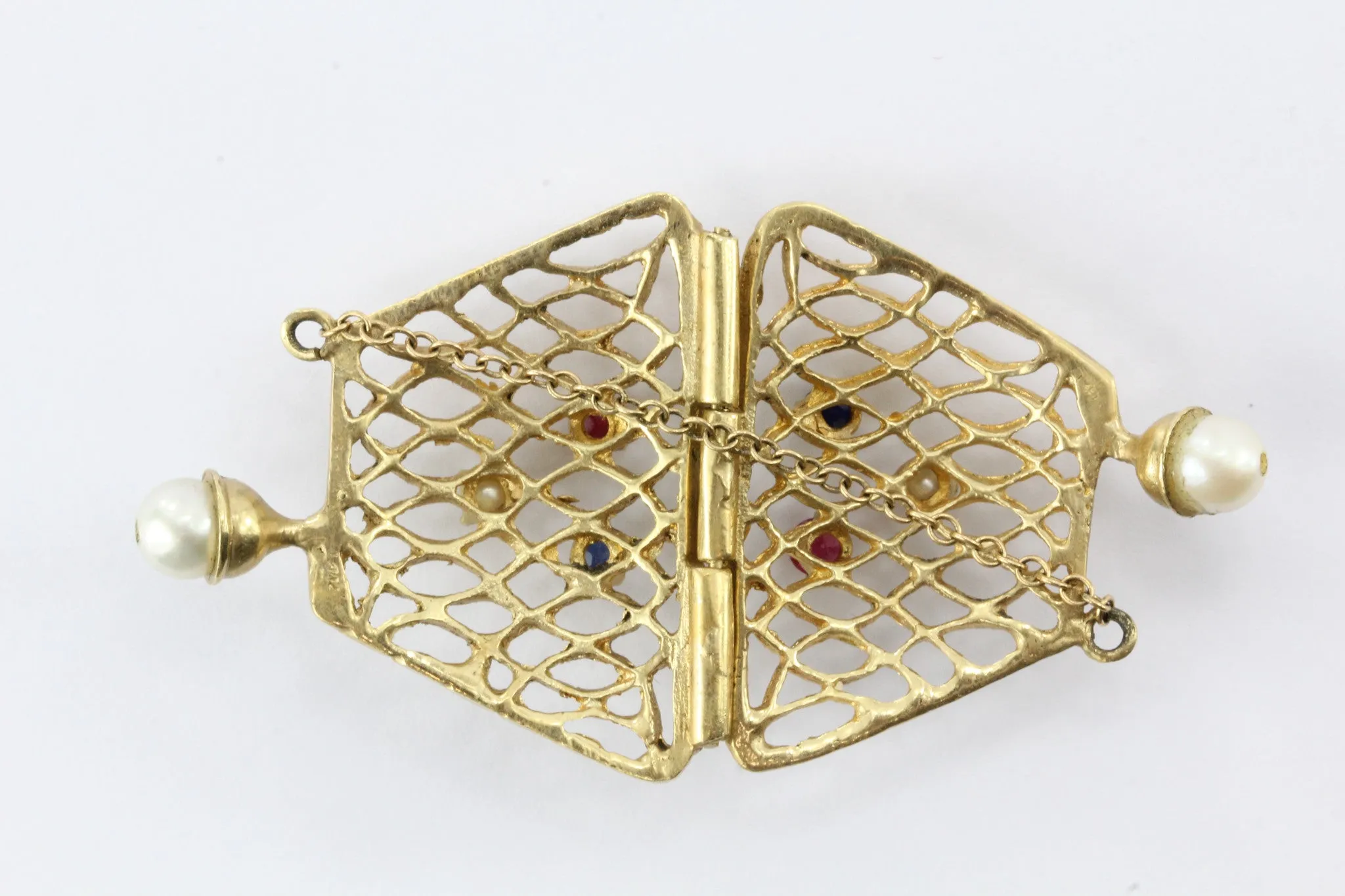 14K Gold Woven Sapphire, Ruby, & Pearl Opening Purse Pendant / Charm