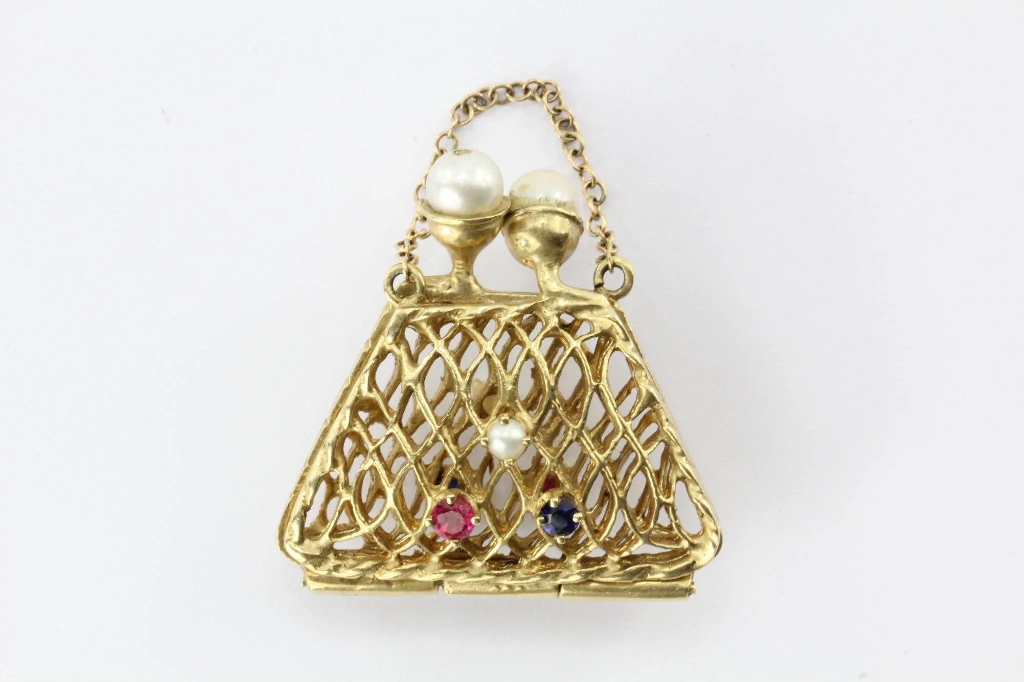 14K Gold Woven Sapphire, Ruby, & Pearl Opening Purse Pendant / Charm