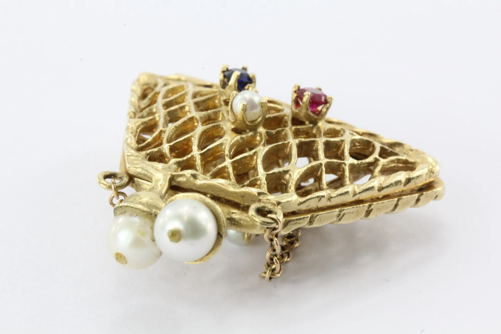 14K Gold Woven Sapphire, Ruby, & Pearl Opening Purse Pendant / Charm