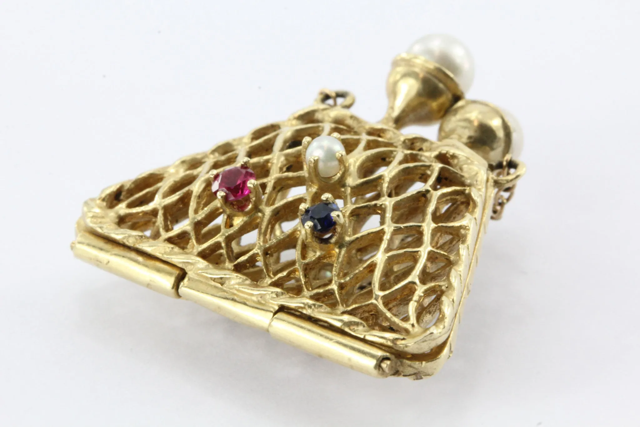 14K Gold Woven Sapphire, Ruby, & Pearl Opening Purse Pendant / Charm