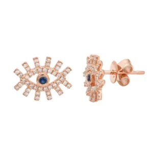 14K Rose Gold Diamond   Sapphire Evil Eye Earrings